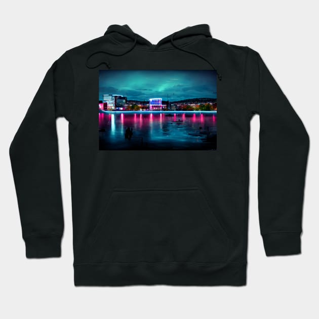 Neon Oslo City Skyline In Neon light / Oslo City silhouette Hoodie by Unwind-Art-Work